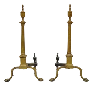 Antique French Empire Brass Bronze Urn Finial Slender Column Andirons - a Pair