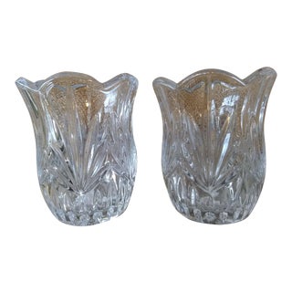 Lead Crystal Tulip-Shaped Candle Votive/Vase With Cut Fan and Diamond Pattern - a Pair For Sale