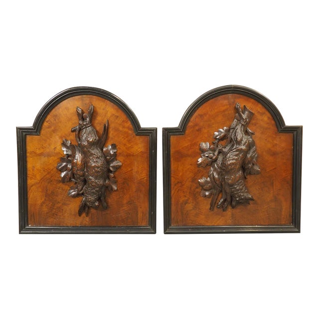 Pair of Antique French Burlwood Hunt Plaques, Early 1900s For Sale