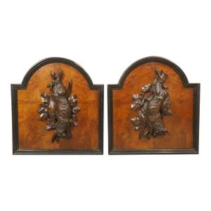 Pair of Antique French Burlwood Hunt Plaques, Early 1900s
