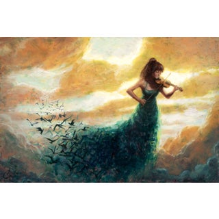 One Final Melody by Christopher Clark | Acrylic and oil on wood panel Woman playing violin with birds flying. For Sale