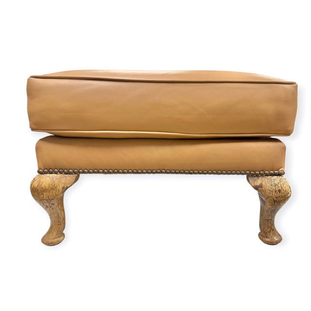 Custom Camel Leather Ottoman With Queen Anne Sculptural Legs by Danny Cannon Custom Upholstery For Sale - Image 4 of 6