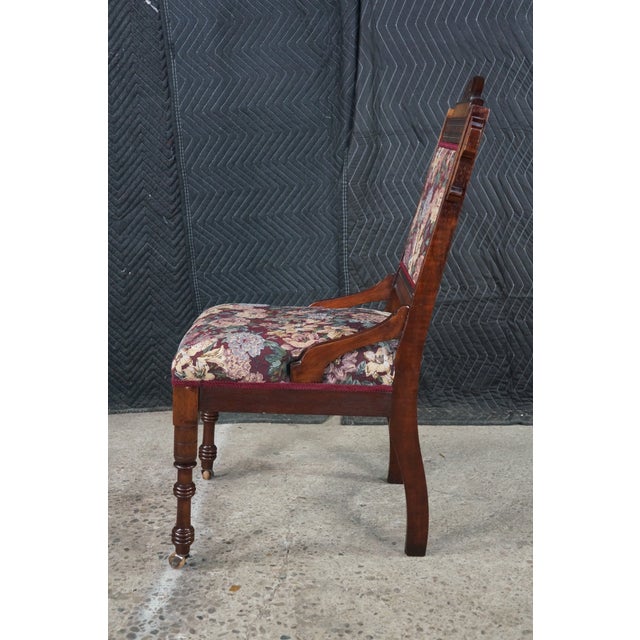 Antique Victorian Eastlake Walnut Burl Carved Parlor Chair Tapestry Fabric For Sale - Image 13 of 18