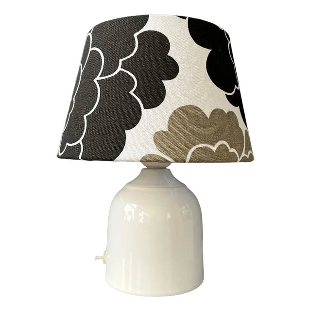 Small Space Age Table Lamp with Porcelain Base and Black and White Flower Shade, 1970s For Sale