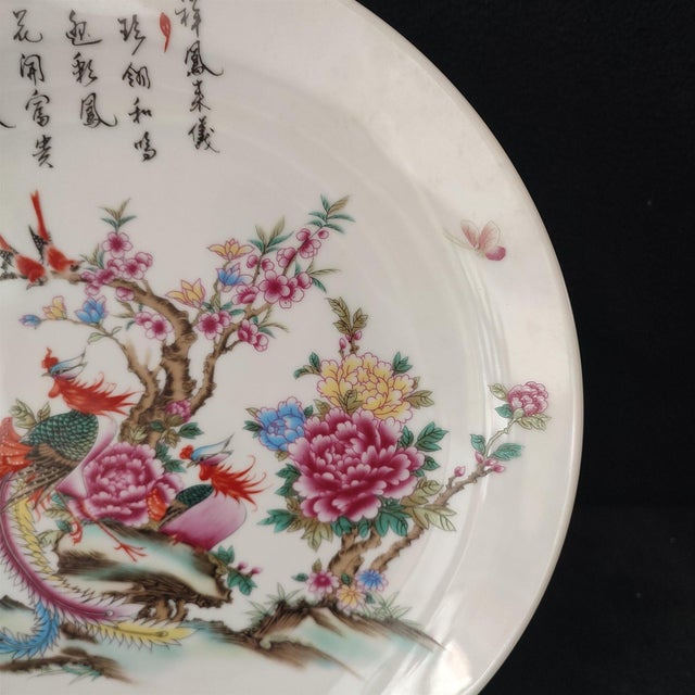 White Chinese Ceramic Plate,Famille Rose Porcelain Plate Hand Painted Flowers and Phoenix Pattern For Sale - Image 8 of 11