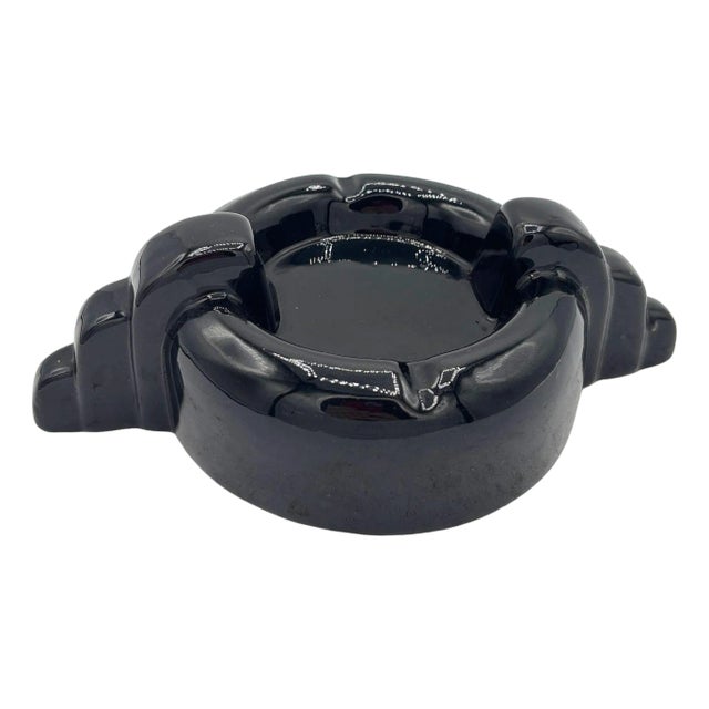 1950s Rare Black Stepped Streamline Art Deco Ceramic Ashtray For Sale