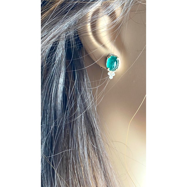 Modern 14k Yellow Gold Colombian Cabochon Emerald and Diamond Drop Bezel Set Earrings, A Pair For Sale - Image 3 of 9