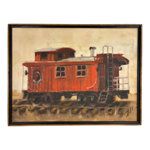 Mid-Century Vintage Oil on Canvas Train Caboose