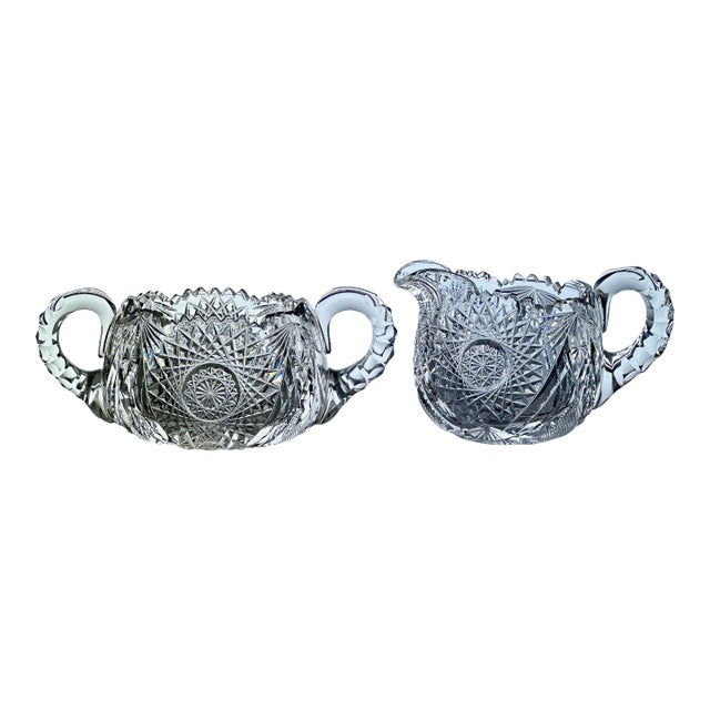 Antique Late 19th Century American Brilliant Period Crystal Hand Cut Sugar and Creamer Set- 2 Pieces For Sale