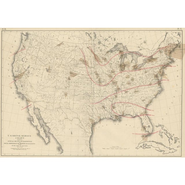 Antique map titled 'U.S. Signal Service chart, showing annual means of barometer and total movement of air with resultants...