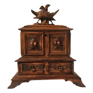 1880s Black Forest Carved Walnut Jewelry Box With Birds, Floral Relief, & Key For Sale