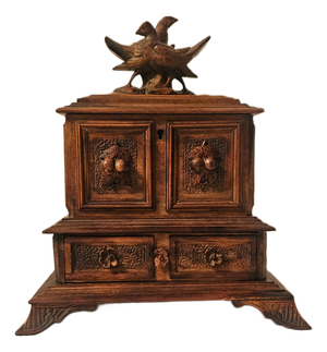 1880s Black Forest Carved Walnut Jewelry Box With Birds, Floral Relief, & Key