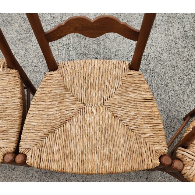 Wood Vintage Ladder Back Rush Seat Dining Chairs Set of 4 For Sale - Image 7 of 12