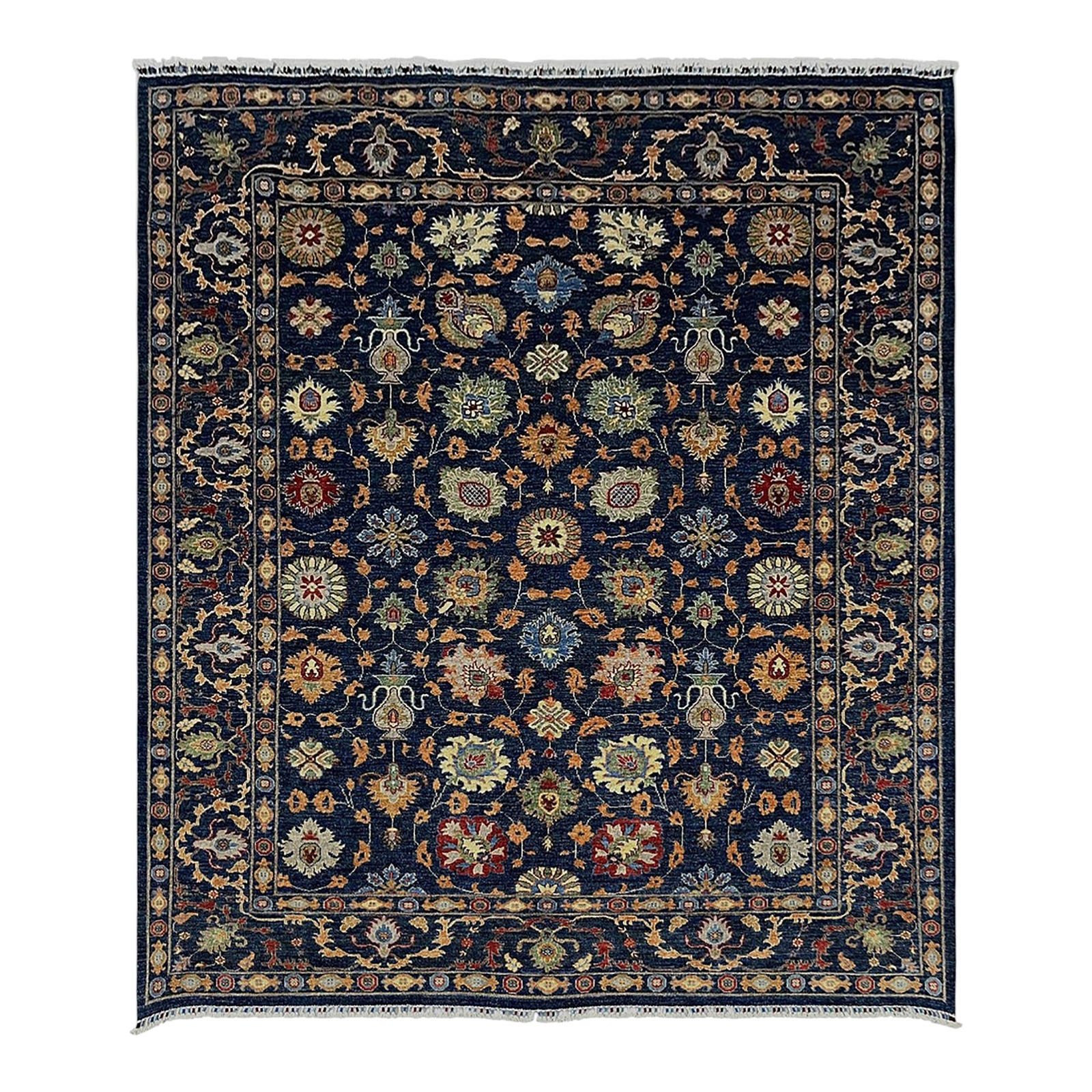 Navy Blue Afghan Sultani Natural Dye Wool Rug, Persian Floral Botanical ...