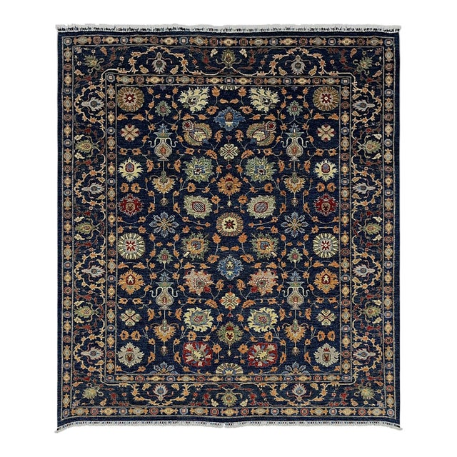 Navy Blue Afghan Sultani Natural Dye Wool Rug, Persian Floral Botanical Design, 8′2″ × 9′11″ For Sale