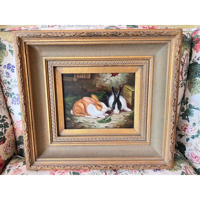 1980s Beautiful original, signed oil painting of bunnies // gallery wall // framed artwork // home decor // English country // original artwork For Sale In Kansas City - Image 6 of 10