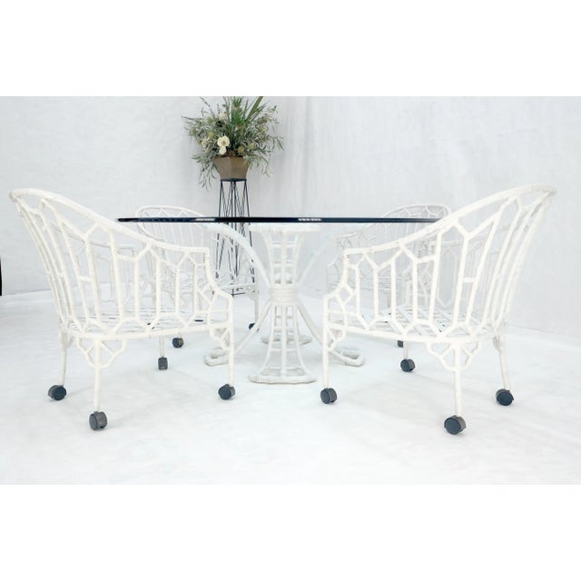 Cast Aluminum Faux Bamboo 4 Arm Chairs 60" 3/4" Glass Top Dining Table Set For Sale - Image 9 of 12