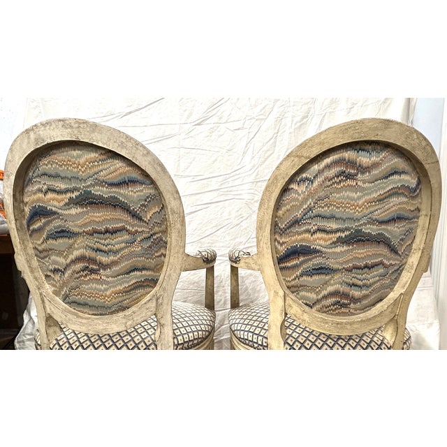 Early 18th Century Very Rare! Pair of Louis XVI Period Painted Fauteuils With Hand Needlepoint Upholstery, France Circa 1770 For Sale - Image 5 of 13