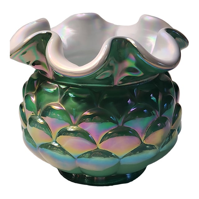 Artichoke Vintage Fenton Jacqueline Opalescent Cased Glass Green Vase Bowl For Sale