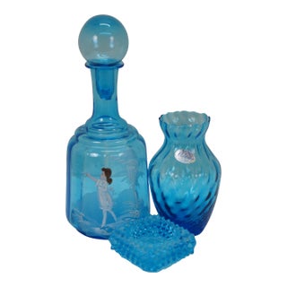 Vintage 4pc Blue Art Glass Decanter Pitcher Vase Votive Holder Mary Gregory For Sale