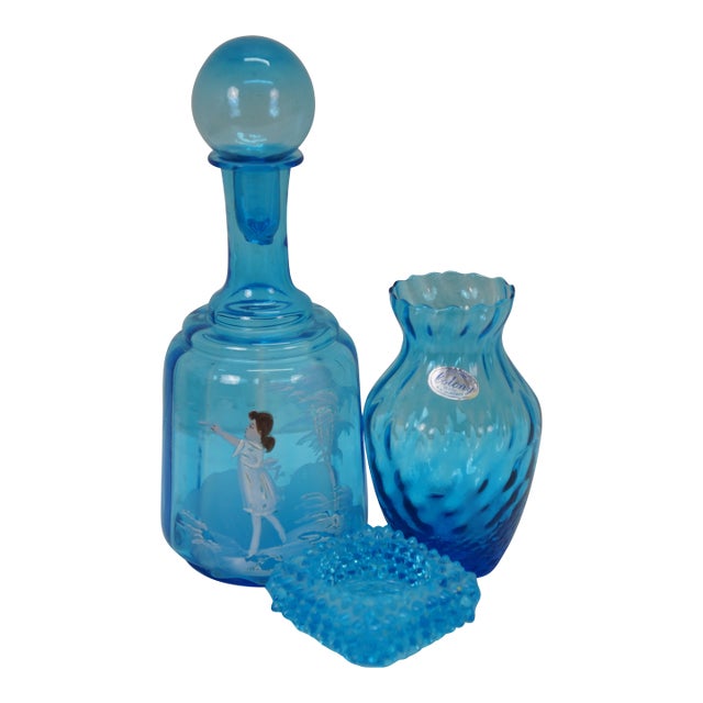Vintage 4pc Blue Art Glass Decanter Pitcher Vase Votive Holder Mary Gregory For Sale