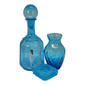 Vintage 4pc Blue Art Glass Decanter Pitcher Vase Votive Holder Mary Gregory