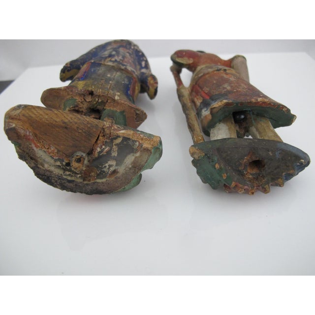 Antique Chinese Hand Carved Polychrome Wood Guardian Warrior Figure Pair For Sale - Image 4 of 13