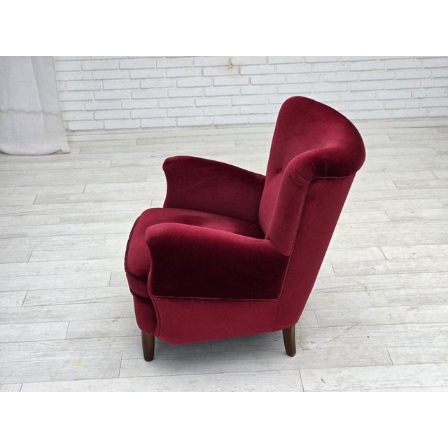 Mid-Century Modern Danish Armchair in Cherry-Red Velour with Beech Legs, 1960s For Sale - Image 3 of 18
