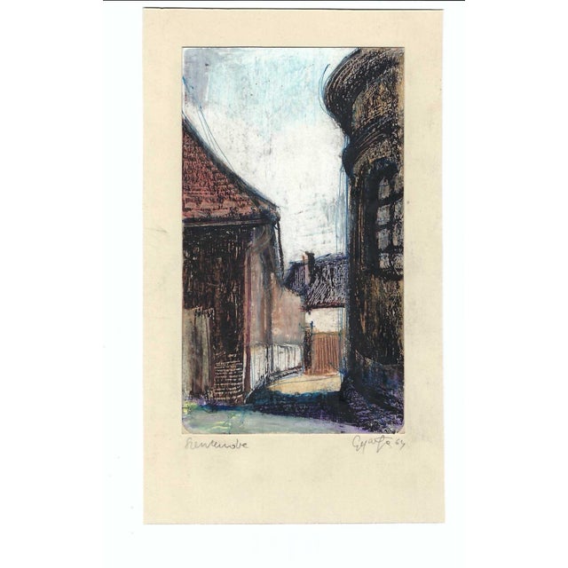 Painting on paper by Hungarian artist Gyarfas Gabor (born 1946) of the town of Szentendre, Hungary. Pencil signed, titled...