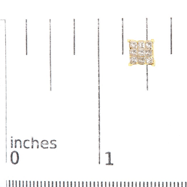 Early 21st Century 14K Yellow Gold 1 1/2 Cttw Invisible Set Princess-Cut Diamond 9 Stone Square Stud Earrings (J-K Color, SI2-I1 Clarity) For Sale - Image 5 of 5