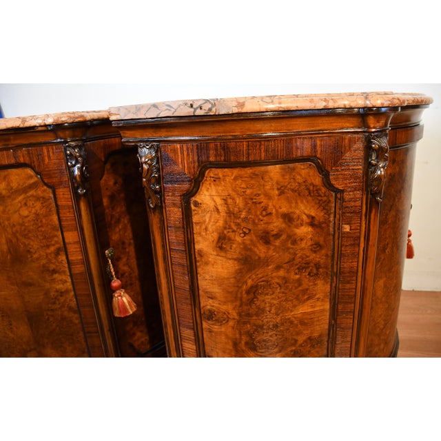 1890s Antique French Louis XV Burl Walnut Marble Top Pair of Cabinets Credenzas For Sale - Image 16 of 18