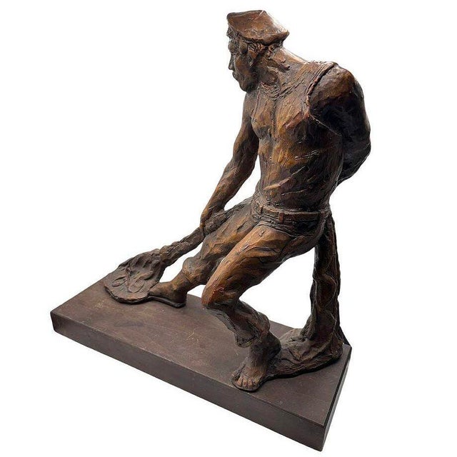 Modern Fisherman with Net Large Plaster Sculpture on Wood Base by Kimro 1969 For Sale - Image 4 of 11