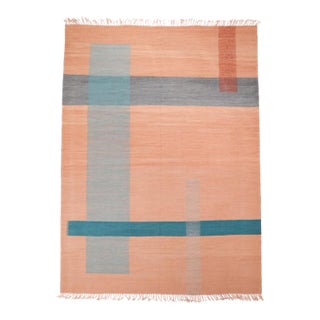 Dusty Rose, Rust, Aqua and Chambray Moroccan Flatweave Kilim Wool Rug - 10x14 For Sale