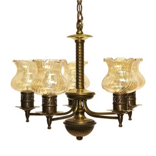 Antique 5 Light Bronze Chandelier With Opalescent Amber Shades For Sale