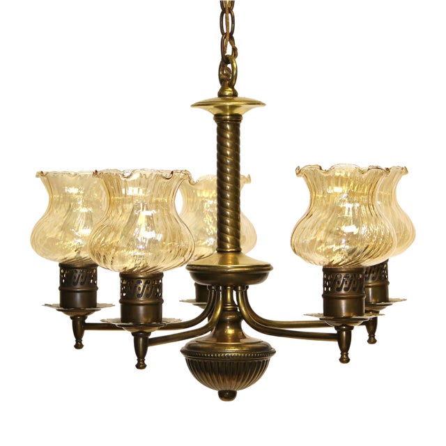 Antique 5 Light Bronze Chandelier With Opalescent Amber Shades For Sale
