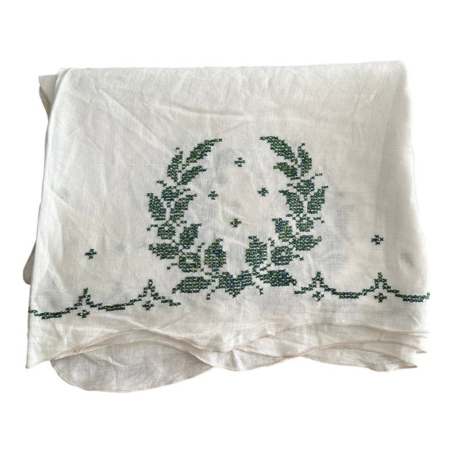 Hand Embroidered French Linen Tablecloth For Sale