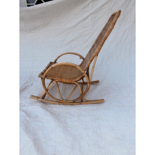 Vintage MCM French Style Rattan Bamboo Wicker Back Rocker, No makers mark in sturdy and vintage condition . 42"H X 22"W X...