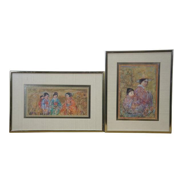 1980s Edna Hibel Japanese Ladies at Mountain & Mother Baby Oil Paintings - Set of 2 For Sale