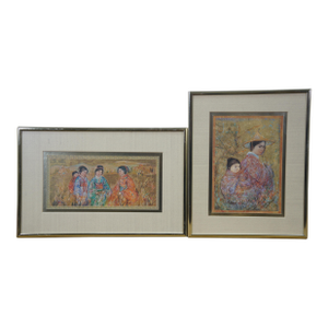 1980s Edna Hibel Japanese Ladies at Mountain & Mother Baby Oil Paintings - Set of 2