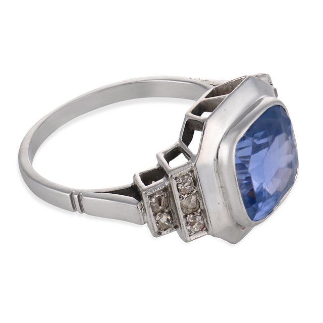 1920s French Art Deco Gia 4.50 Carat Ceylon No Heat Sapphire Diamond Platinum Ring, Size 6.25 For Sale - Image 4 of 6