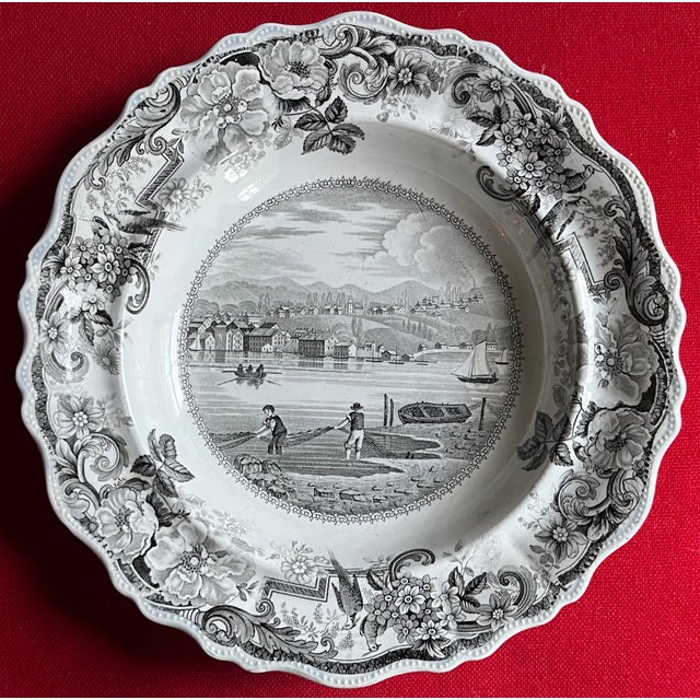 19th Century Antique 19th Century English Staffordshire Clews Historical Brown Transferware Soup Plate Picturesque Views Hudson, New York & Hudson River For Sale - Image 5 of 12