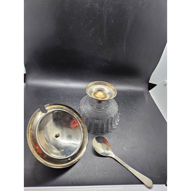 Vintage Silver-Plated/Chrome Condiment Dish or Jam Pot, Likely Featuring Lapis Lazuli Stone Accents with Spoon