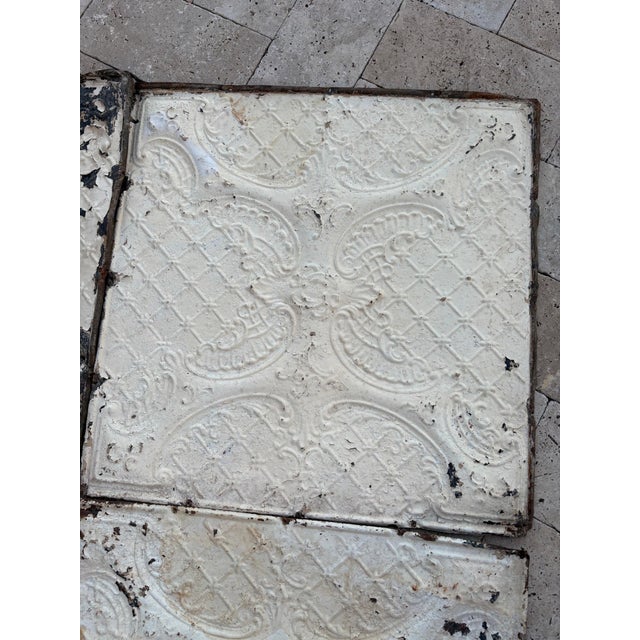 Salvage Tin Ceiling Tiles – Ornate Scroll & Diamond Lattice Design – Original Architectural Victorian Antique For Sale - Image 10 of 12