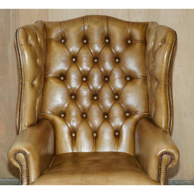 1960s Pair of Vintage Tan Brown Leather Chesterfield Wingback Chairs With Footstools For Sale - Image 5 of 18