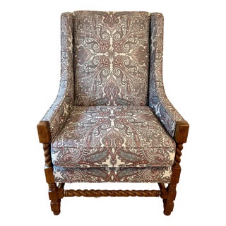 Wesley Hall Barley Twist Davis Wingback Chair in Paisley Tapestry and Nailhead Trim For Sale