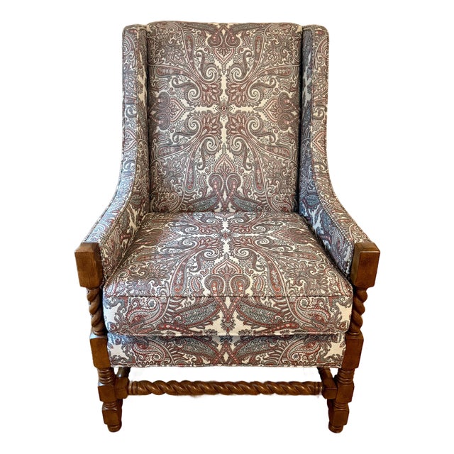 Wesley Hall Barley Twist Davis Wingback Chair in Paisley Tapestry and Nailhead Trim For Sale