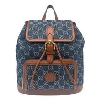 Gucci Denim Gg Supreme Canvas and Brown Leather Backpack, Spring/Summer 2022. For Sale