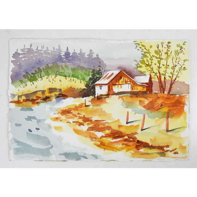 Small vintage watercolor on paper modernist mountain meadow painting and on the other side is a painting of an old...