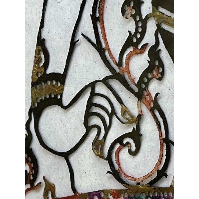 Fine Indonesian Hand-Coloured Pierced Leather Deity, Gilt-Framed Wayang Shadow Art Under Glass For Sale - Image 9 of 10