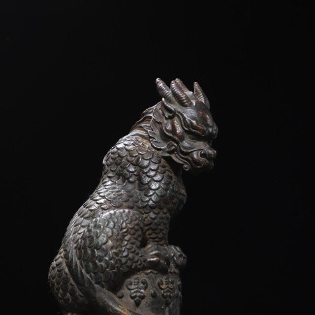 Chinese Vintage Gilt Brass Qilin Figure - Mythical Beast on Column For Sale - Image 3 of 9
